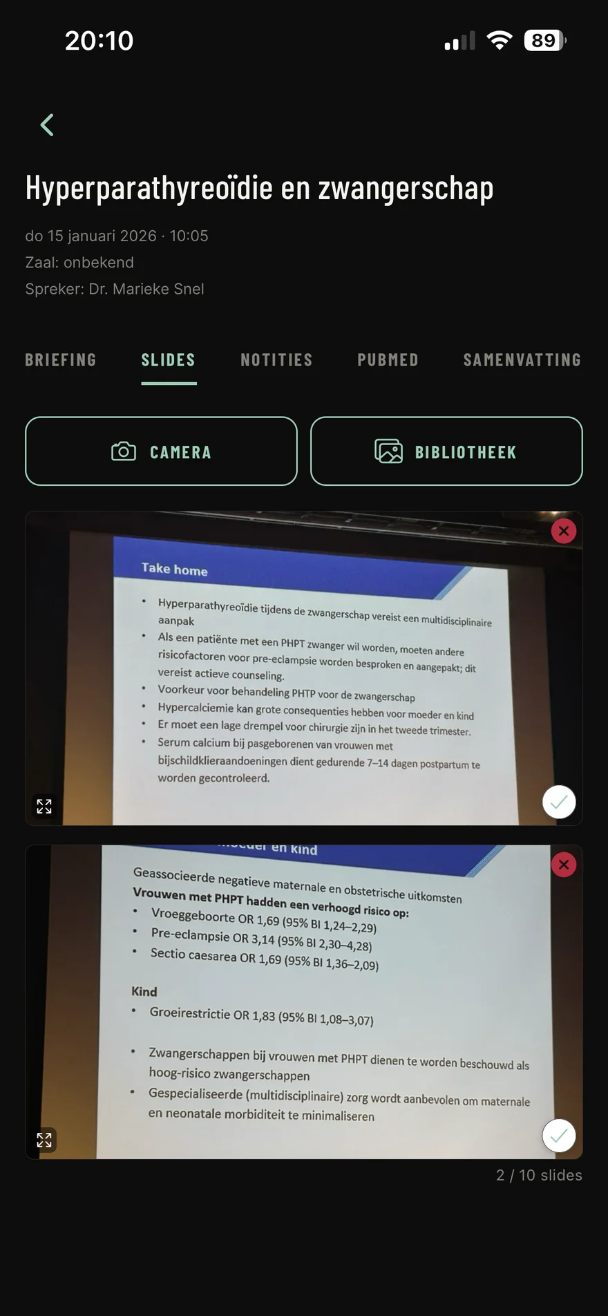 Vastgelegde slides bij een sessie (zaalmodus)
