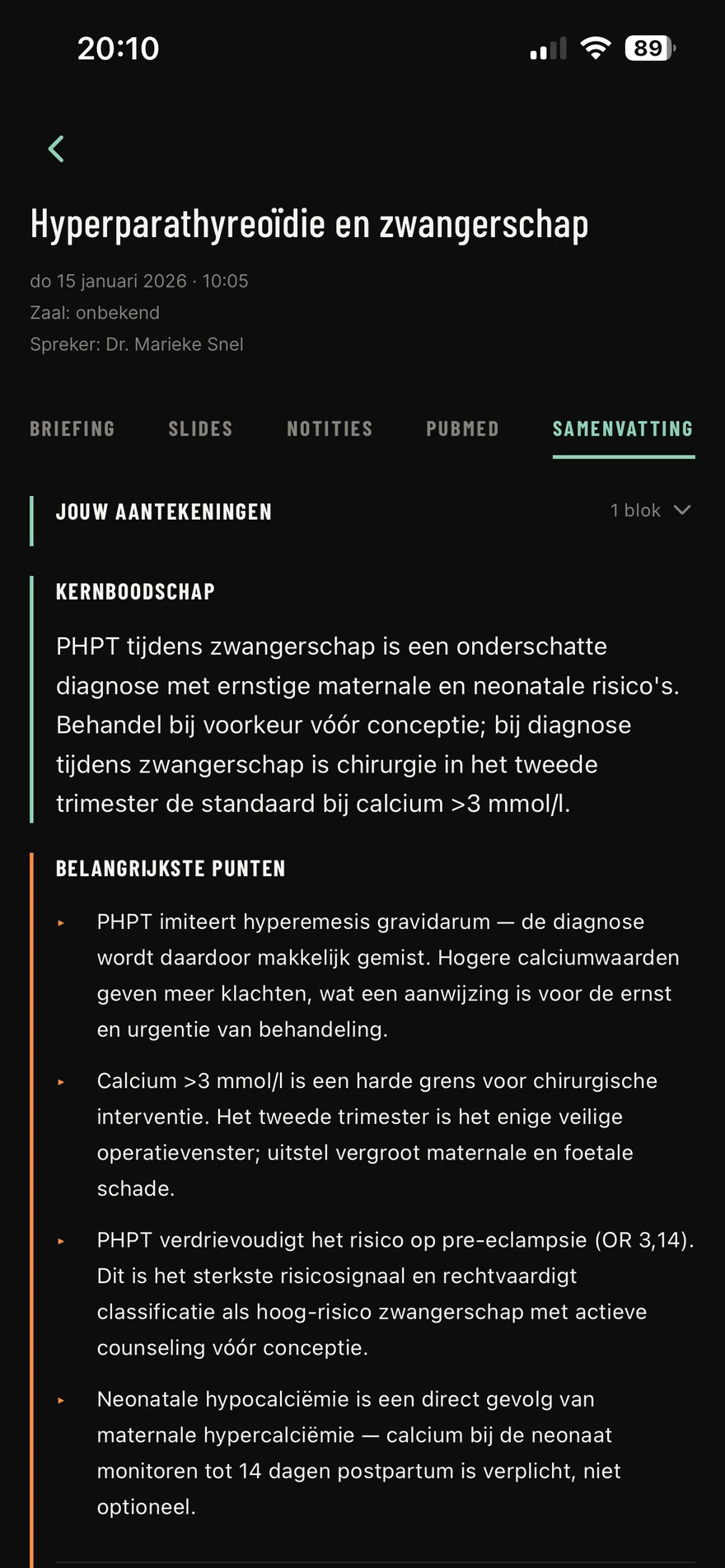 Samenvatting met kernboodschap en punten (zaalmodus)